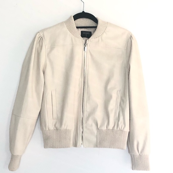 Tahari Faux Leather Beige Bomber Jacket - Picture 5 of 10